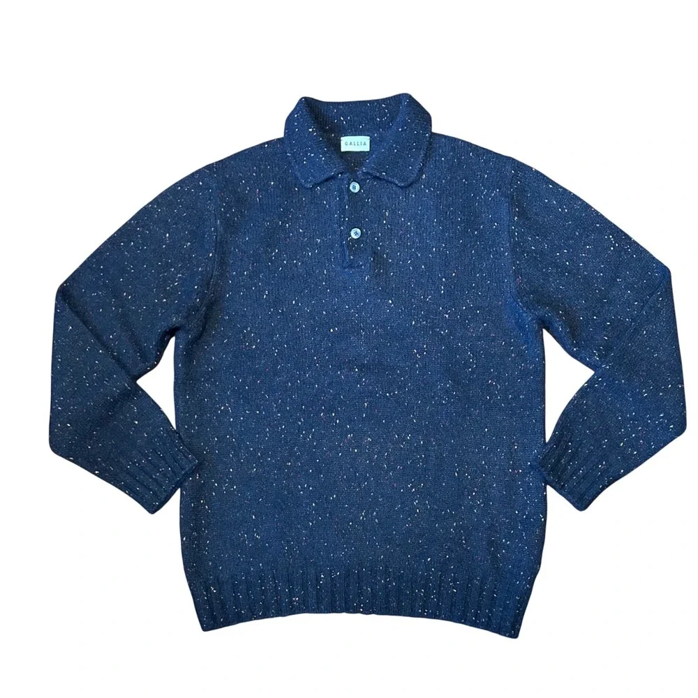 Gallia‎ Mens Navy Blue Alpaca Merino Wool Speckled Knit Polo Sweater Italy